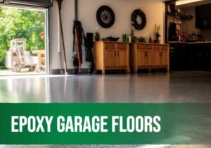 Epoxy coating being applied to a garage floor for a durable and glossy finish.