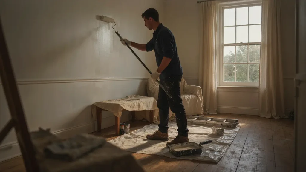 Professional interior painter applying fresh paint to living room walls in an Adelaide home showing quality preparation and clean finish