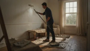 Professional interior painter applying fresh paint to living room walls in an Adelaide home showing quality preparation and clean finish