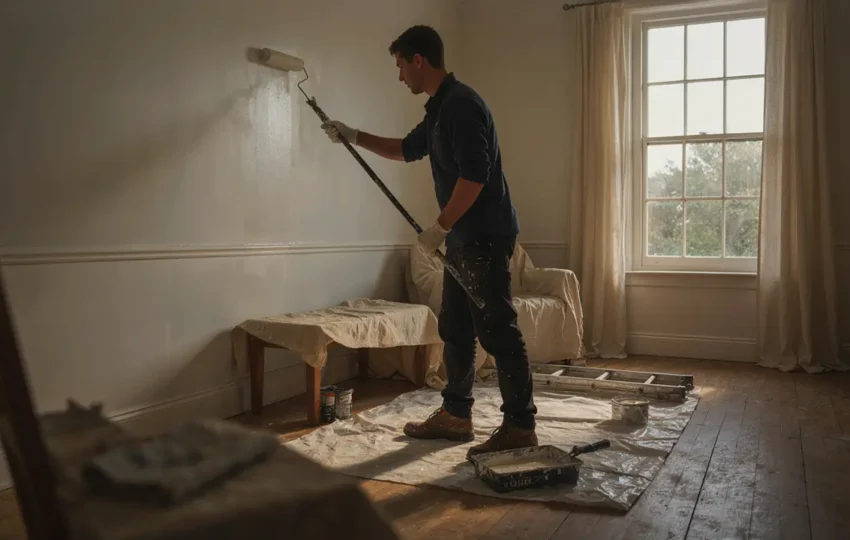 Professional interior painter applying fresh paint to living room walls in an Adelaide home showing quality preparation and clean finish