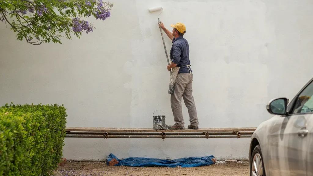 Professional painter painting the exterior of a rendered Adelaide home showing quality workmanship and proper preparation with drop sheets