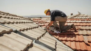 Professional roof painter applying fresh paint to terracotta roof tiles on an Adelaide home showing the colour restoration and protection of roof painting
