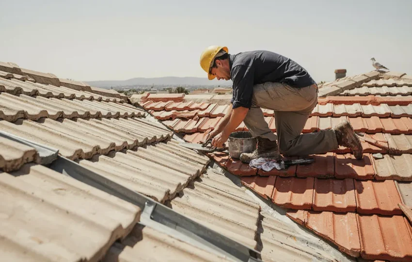 Professional roof painter applying fresh paint to terracotta roof tiles on an Adelaide home showing the colour restoration and protection of roof painting